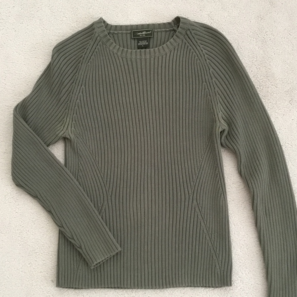 EDDIE BAUER Olive Ribbed Crewneck Sweater - Women